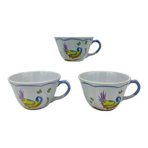 Longchamp PEROUGES Hand Painted Bird FAIENCE France SET OF 3‎ Flat Tea Cups